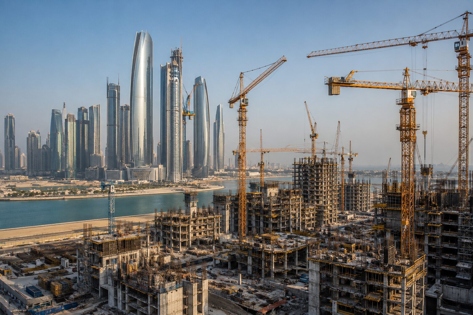 Active high-rise construction with cranes against the Abu Dhabi skyline, GCC building boom 2026
