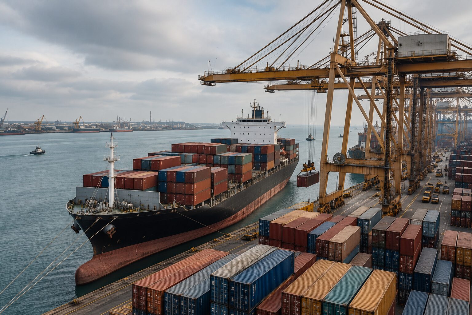 Cargo ship loading containers at a Gulf port, affecting steel raw material supply chain