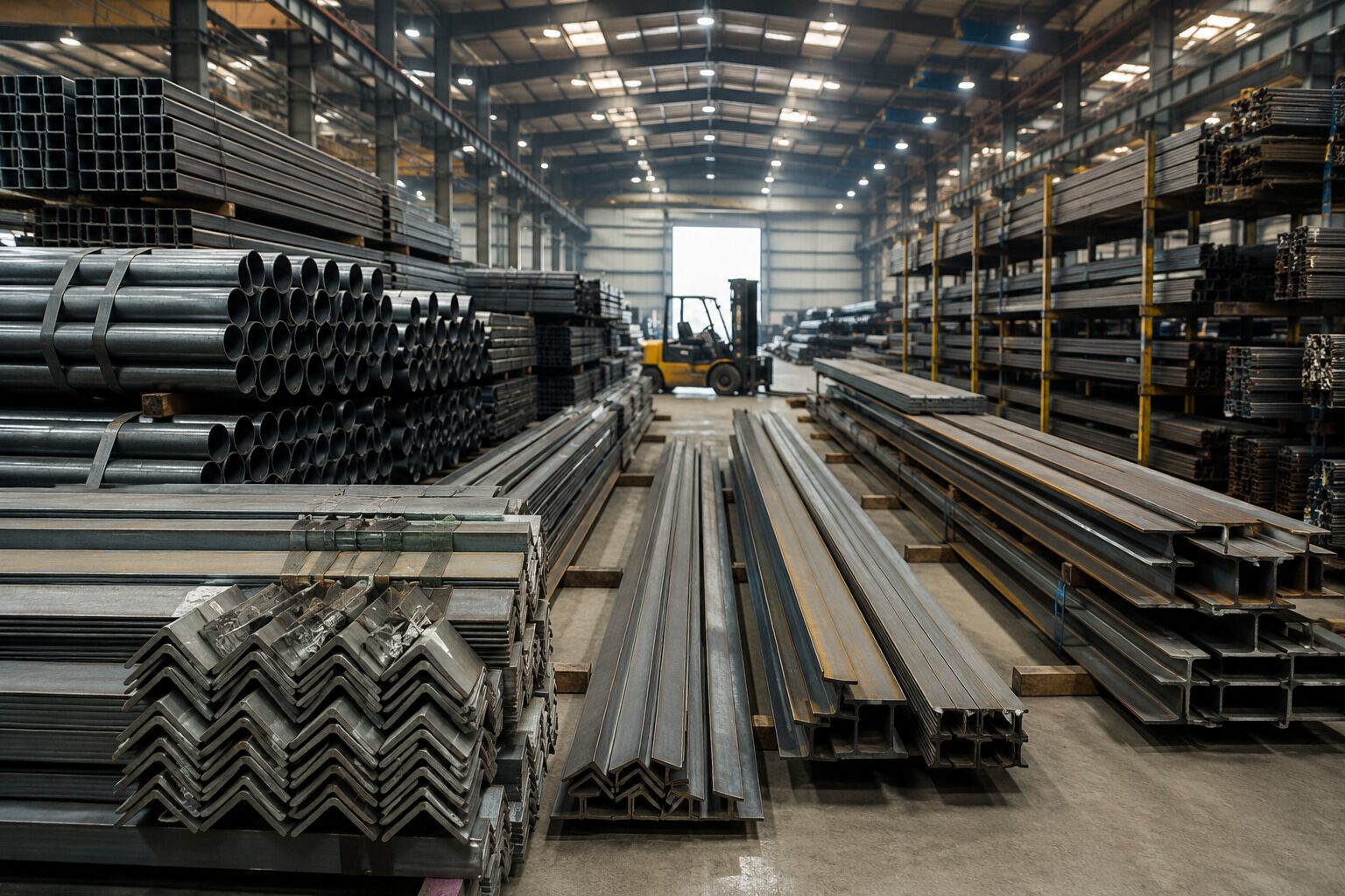 Organized steel stockyard inventory with pipes, angles and beams, UAE warehouse