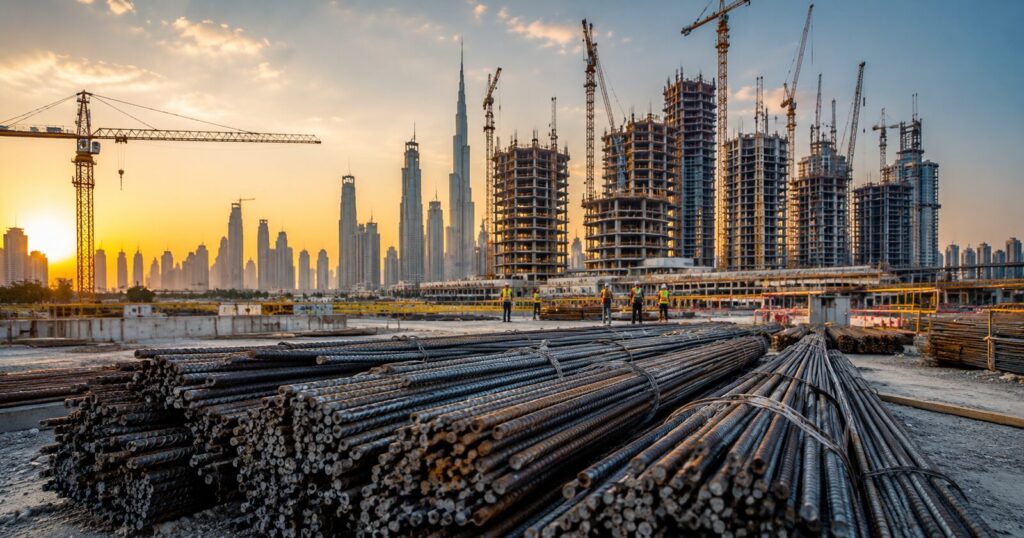 UAE construction site with steel reinforcement bars and Dubai skyline at sunset, 2026